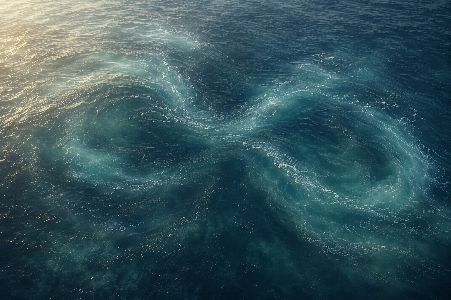 Aerial view of interwoven ocean currents forming a subtle infinity shape in deep blue water.